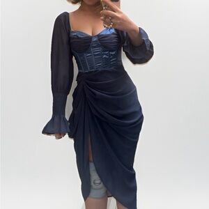 Pretty Little Thing Blue Satin Corset Chiffon Mesh Draped Bodycon Midi Dress 8 M
